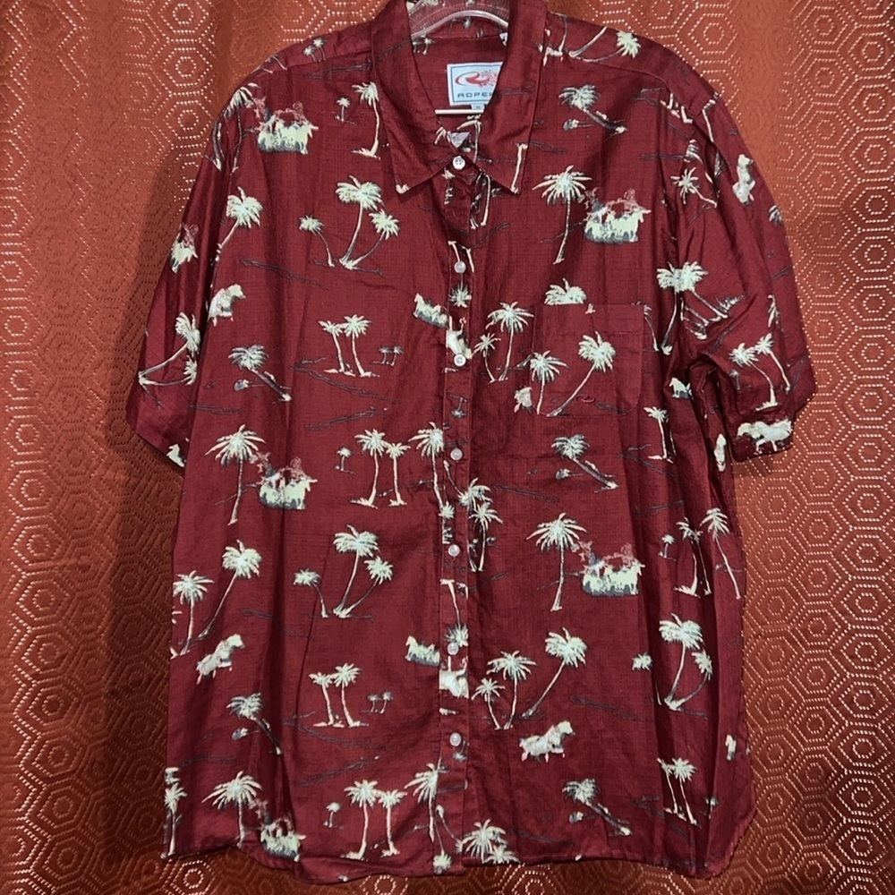 Roper Button-down Shirt Dark Red Palm Trees 2X